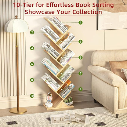 SHEEPAM 10 Tier Tree Book Shelf, Floor Standing Wood Bookshelf for Narrow Space, Storage Organizer Bookshelves for Books/CDs/Magazine, Bookcase with Shelves for Home Office, Living Room - Natural