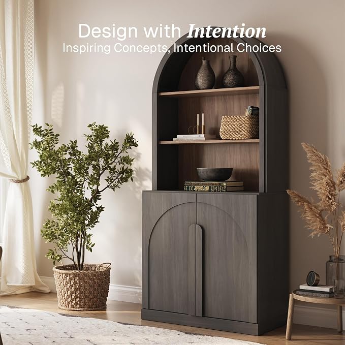 BELLEZE 71" Tall Storage Cabinet with Arched Hutch, Wooden Sideboard Buffet Cabinet with Adjustable Shelves for Pantry Organizing, 5-Tier Modern Storage Unit for Living Room Home Office, Ebony
