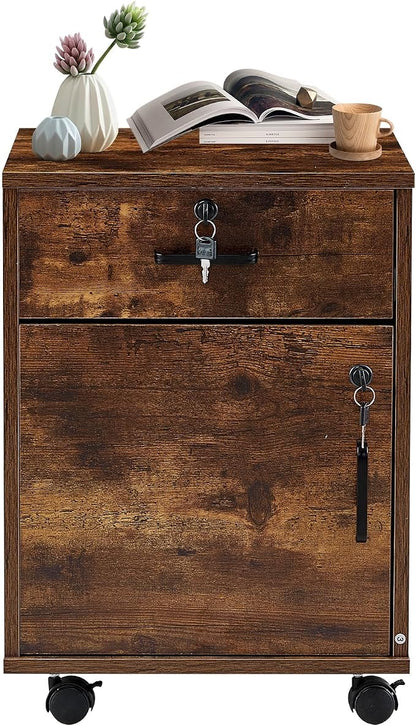 OFCASA 2 Drawer File Cabinet with Lock, Small Rolling Filing Cabinets for Home Office, Wood Under Desk File Cabinet with Wheels, Mobile Storage Organizer, Printer Stand for Letter/Legal, Rustic Brown