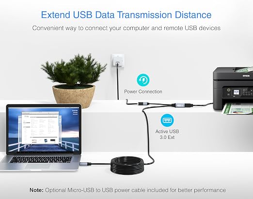 BlueRigger Active USB 3.0 Extension Cable 32FT (5 Gbps USB Extender Cord, in-Wall CL3 Rated) - Long USB Extension Cable for Webcam, VR Headset, Printer, Hard Drive, Keyboard, Mouse