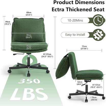 Fizzin Criss Cross Chair,Armless Cross Legged Chair with Wheels,Memory Foam Seat Office Desk Chair with Flipable Back Cushion,Mid Back Swivel Chair for Home Office,Bedroom Vanity (Green)