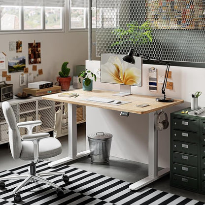 FAMISKY Height Adjustable Standing Desk, 55x 24 Inch Electric Stand up Home Office Table, Sit Stand Desk Computer Workstation with Splice Board, White Frame & Greige Desktop