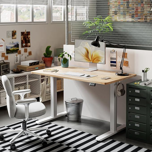 FAMISKY Height Adjustable Standing Desk, 48x 24 Inch Electric Stand up Home Office Table, Sit Stand Desk Computer Workstation with Splice Board, White Frame & Maple Desktop