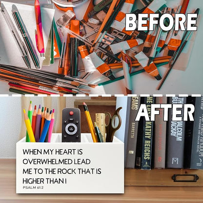 Christian Pen Pencil Holder Organizer for Desk, Christian Gifts for Women Men, Religious Psalm 61:2 Bible Verse Scripture Wooden Box Sign for Home Office Desk Tabletop Decorations