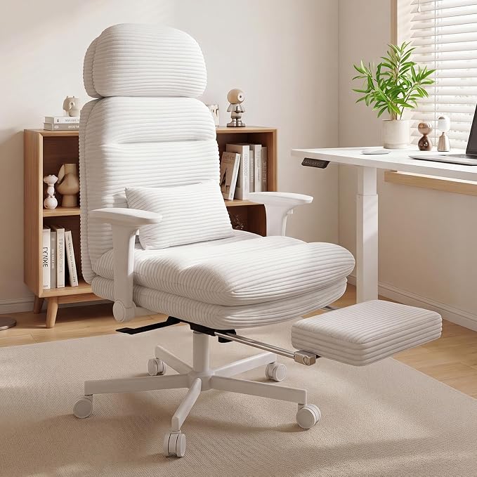 GXJ Criss Cross Legged Office Chair with Flip-up Arms, Footrest, G800 Plus | 6.3" Cushion Relieves Tailbone Pain, Head-Lumbar Support Eases Fatigue, Smooth Rolling Wheels, Corduroy Desk Seating, White