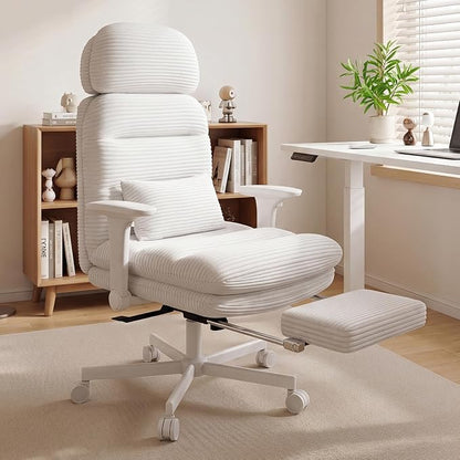 GXJ Criss Cross Legged Office Chair with Flip-up Arms, Footrest, G800 Plus | 6.3" Cushion Relieves Tailbone Pain, Head-Lumbar Support Eases Fatigue, Smooth Rolling Wheels, Corduroy Desk Seating, White