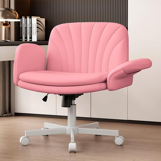 Vonesse Criss Cross Office Chair with Wheels & Armrests, Height Adjustable Vanity Chair, Makeup Chairs with Side Pockets Design, Comfortable Computer Desk Chairs for Home (PU Leather,Pink)
