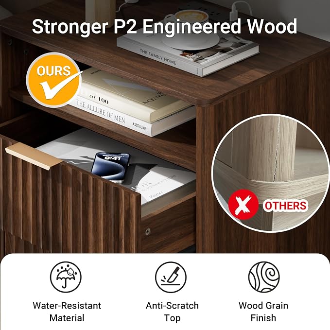 Fluted Nightstand, Walnut Night Stand, 2 Drawers Nightstand with Charging Station, Wooden End Table with Storage, Modern Bedside Table for Bedroom Sofa Home Office, Curved Corners Design