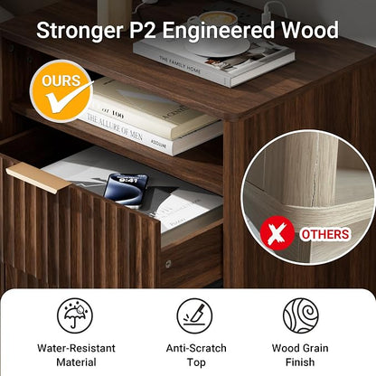 Fluted Nightstand, Walnut Night Stand, 2 Drawers Nightstand with Charging Station, Wooden End Table with Storage, Modern Bedside Table for Bedroom Sofa Home Office, Curved Corners Design