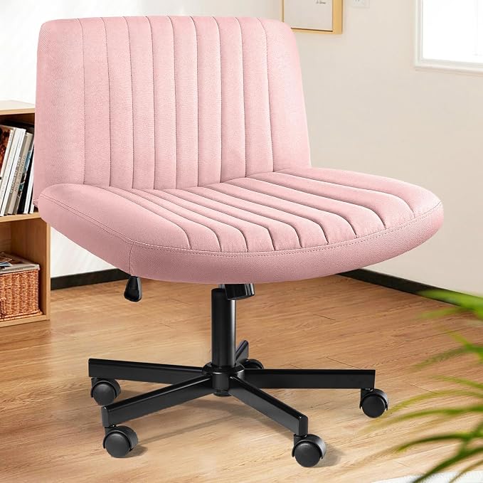 LEMBERI Criss Corss Chair with Wheels,Fabric Padded Armless Wide Office Desk Chairs,120° Rocking Swivel Mid Back Computer Task Vanity Chair for Home Office, Small Space