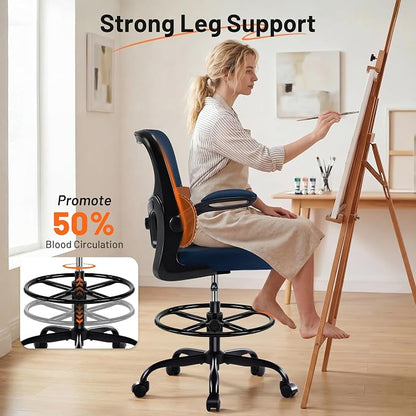 AreShark Drafting Office Chair - Ergonomic Tall Office Chair with Adjustable Footrest Ring - Counter Height Adjustable Rolling Standing Desk Chair with Lumbar Support and Flip-up Armrests for Home