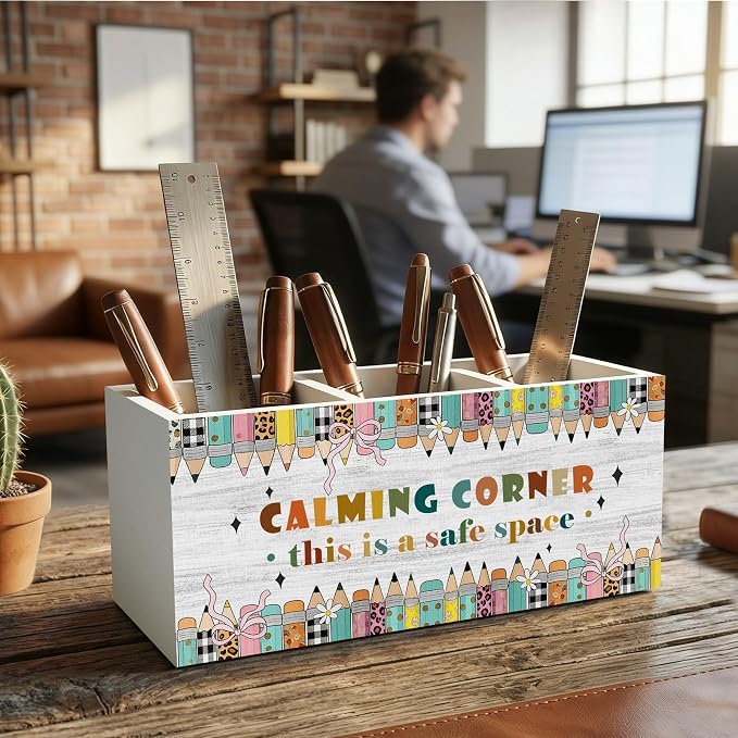 Boho Classroom Pencil Pen Holder for Desk Organizer, Reading Nook Corner Decor, Calming Corner Reading Wooden Box Decorations for Home Office Classroom Desk Tabletop Nursery Toddler Decor