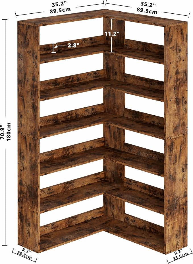 IRONCK Corner Bookshelf 6-Tier L-Shaped Industrial Corner Bookcase with Side Baffles, Large Storage Display Shelf for Living Room, Home Office