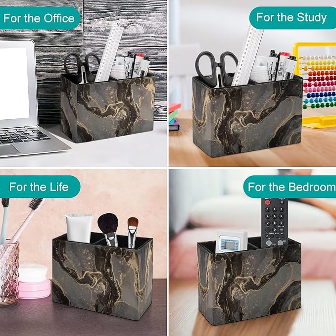 Niapessel Pencil Holder for Desk, Black Gold Marble Pen Holder Storage Desktop Pen Organizer Desk Pencil Organizer Makeup Brush Holder for Office School College Leather