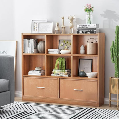 Adompacat Cube Bookshelf Storage Organizer Bookcase,8 Cube Open Mid-Centur Shelf,Freestanding Display Bookshelve, Modern Wide Toy Shelf with Drawers for Bedroom Living Room Office (Natural)