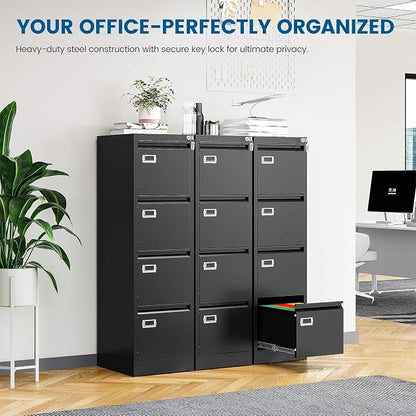 PEUKC 4 Drawer File Cabinet, Vertical Filing Cabinets with Lock, Metal File Cabinets for Home Office, Anti-Tip 4 Storage Drawers for Letter/Legal/A4/F4 Size (Assemble Required, Black)