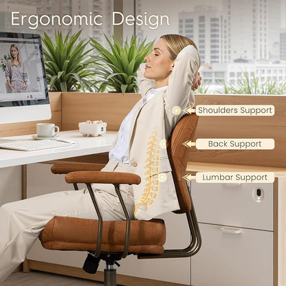 HOOOWOOO Ergonomic Office Chair,Mid Century Modern Computer Desk Chair,Comfy Executive Chair with Extra Wide Tufted Cloudy Seat Lumbar Support Rocking Back,Suede Leather Light Brown