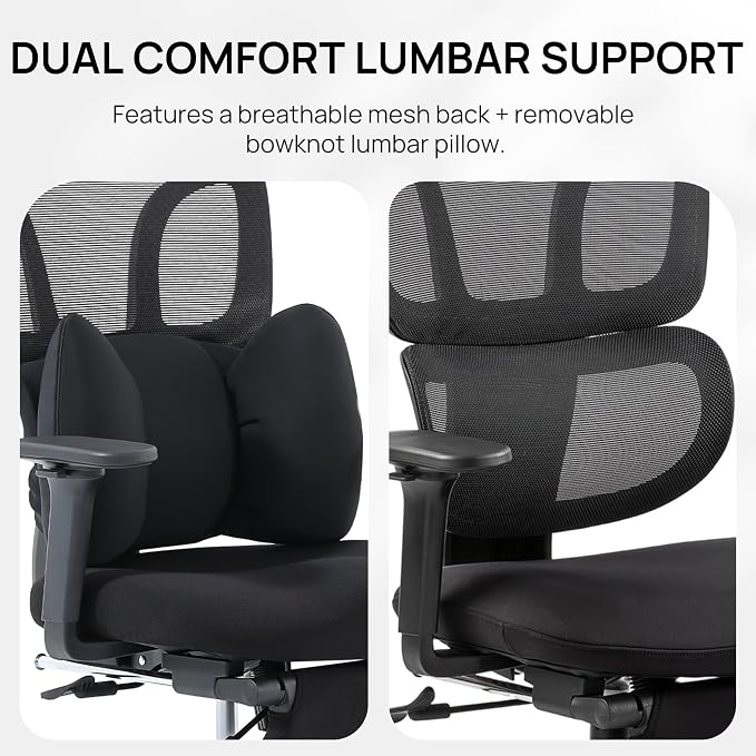 CabLady S1 High Back Ergonomic Mesh Office Chair with Footrest, 300 lbs | 115° Recline Lock, Adjust Seat Depth, 2D Arms, 3D Headrest, Detachable Lumbar Support, Breathable Mesh, BIFMA, Black
