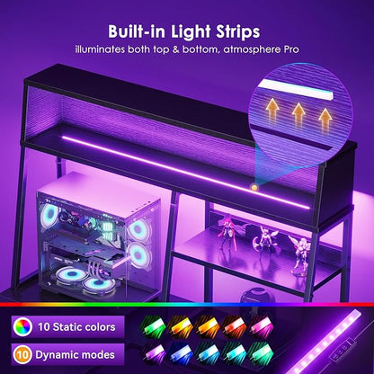 AODK L Shaped Gaming Desk with Led Lights, 51 Inch Reversible Gaming Computer Desk with Display Shelves, PC Gamer Desk Gamer Table with Storage Bag, L Desk for Game, Black