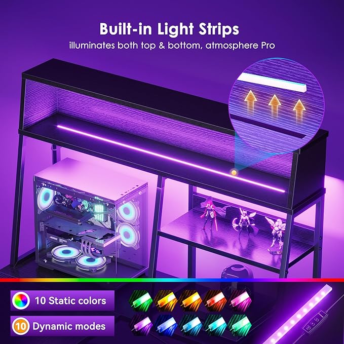 AODK L Shaped Gaming Desk with Led Lights, 59 Inch Reversible Gaming Computer Desk with Display Shelves, PC Gamer Desk Gamer Table with Storage Bag, L Desk for Game, Black