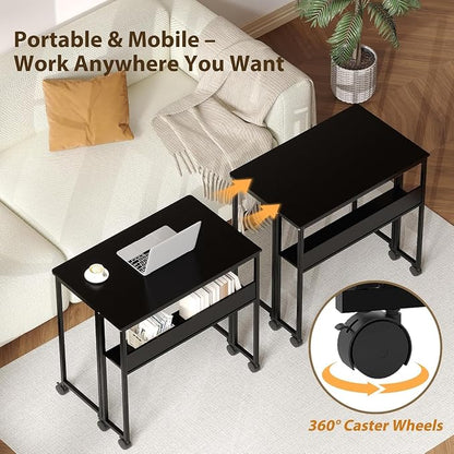 Folding Desk Small Rolling Desk with Storage Shelf,24.8 Inch Foldable Computer Table with Wheels,Portable Office Desk for Small Space Sofa Table,Easy to Fold,Writing Work Office Computer Desk,Black