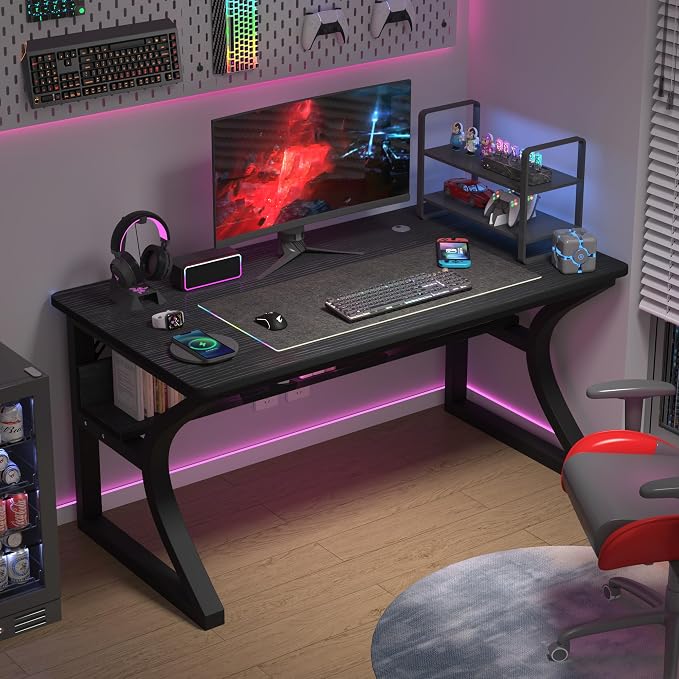 AZN Computer Desk, 55 X 20 inch Computer Desk, Office Desk w/Storage, Large Legroom, Sturdy Metal Frame, Home Office Desks for Gaming Study Writing Work, Waterproof, Scratch-Resistant, Black