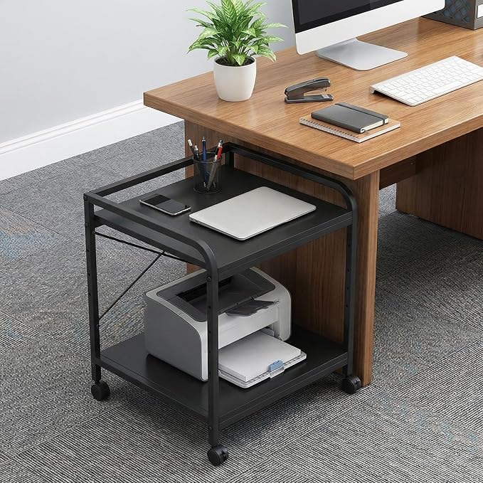 GarveeHome Under Desk Printer Stand, 20" Deep Large Printer Table with Height Adjustable Storage Shelf, 2 Tier Rolling Printer Cart with Wheels for Home Office, Black