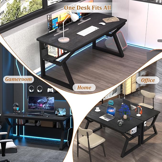 47 inch Computer Desk with Storage Shelf, K-Shaped Office Desk with Sturdy Metal Frame, Writing Gaming Work Desk with Waterproof Surface for Home Office & Bedroom, Black