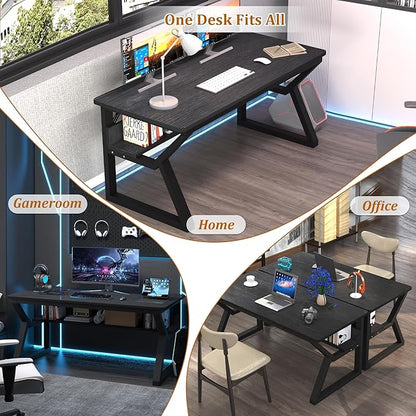 47 inch Computer Desk with Storage Shelf, K-Shaped Office Desk with Sturdy Metal Frame, Writing Gaming Work Desk with Waterproof Surface for Home Office & Bedroom, Black