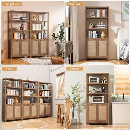 SICOTAS Bookshelf 5 Tier Book Shelf Rattan Boho 71" Tall Bookcase with Doors Storage Shelves Large Bookshelves Farmhouse Bookcases Library Book Case for Living Room Bedroom Home Office Kitchen | Book Shelf
