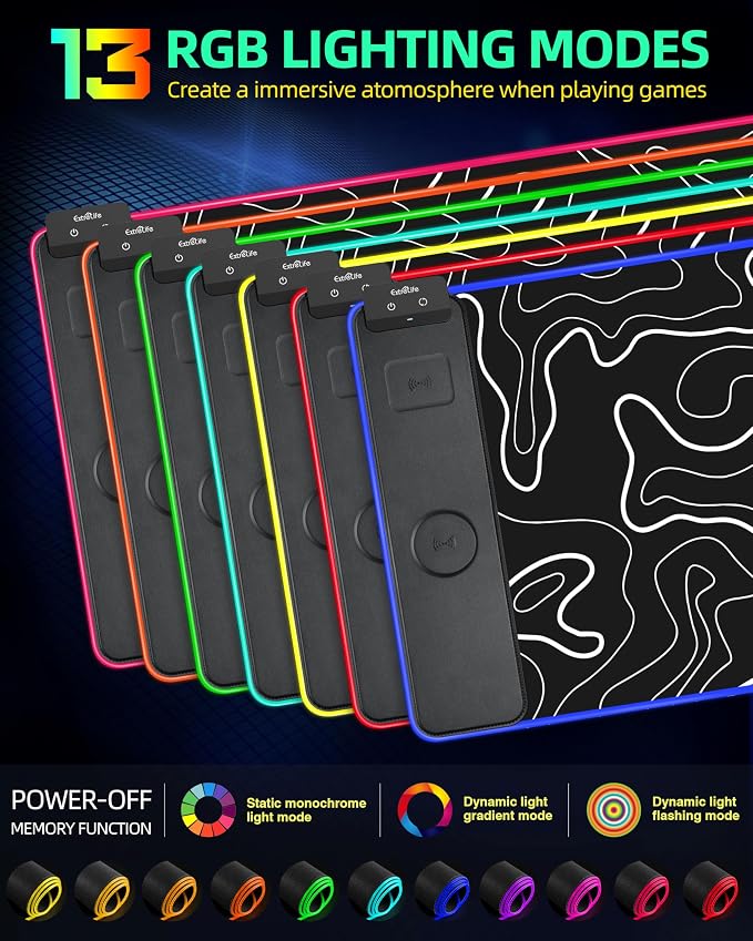 Wireless Charging Mouse Pad, RGB Gaming Mousepad, 31.5"x15.7" Extra Large Desk Pad, 13 Light Modes, Non-Slip Base, Waterproof Computer Keyboard Mat for MacBook, PC, Laptop, Black Topographic Line
