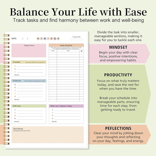 ADHD Daily Planner with Hard Cover & Colorful Sheets Inside,Productivity Planner Task Management Organizer for Neurodivergent Adults Focused for Men & Women, 7" x 10"