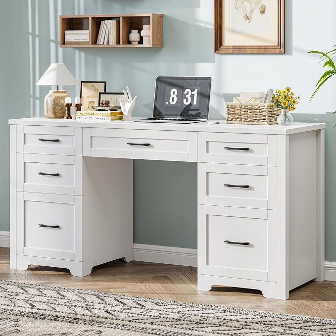Vabches Farmhouse 61'' Executive Desk with 7 Drawers, Rustic Office Desk Computer Table with File Drawers, Wood Workstation for Study and Home Office, Cream White