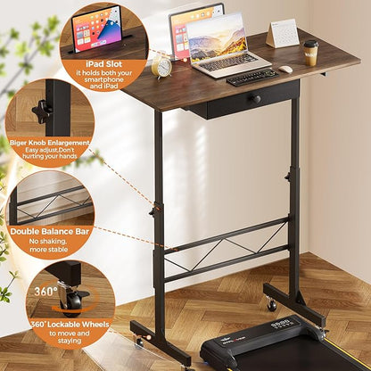 GTPLAYER Small Standing Desk Adjustable Height Small Computer Desk Mobile Portable Rolling Laptop Table with Wheels 32" Computer Workstation Sit Stand Desks Portable Standing Table Treadmill desks