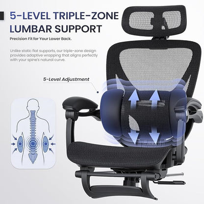 MALOL Ergonomic Mesh Office Chair with Footrest, Executive High Back Computer Desk Chair with 3D Adjustable Headrest & 5-Level Lumbar Support, Reclining Tilt Lock, 3D Arms, 300LBS Capacity, Black