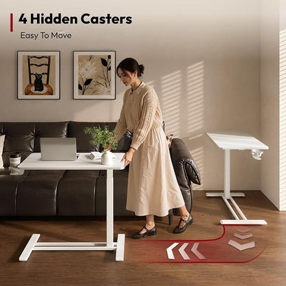 SANODESK Adjustable Overbed Bedside Table Pneumatic Adjustable Height Laptop Computer Standing Desk Cart with Tray, Hospital and Home Use(23.6" W x 13.8" D,White)