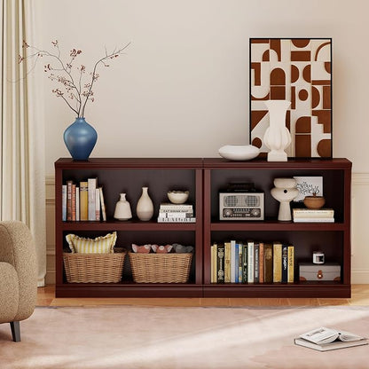 blini Wooden Bookshelf and Bookcase 2 Tier Double Wide Large Bookshelves Tall Bookshelf with Storage Cabinets for Living Room, Home Office, Library (Mahogany, 2-Shelf)