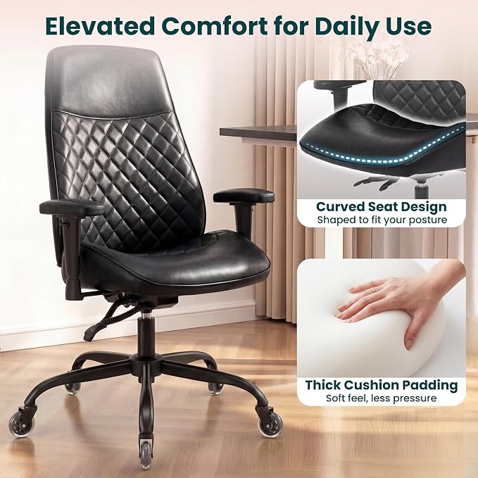 NEO CHAIR Ergonomic Leather Office Desk Chair with Adjustable Height Armrests High Back Lumbar Support Swivel Executive Computer Chair with Wheels Comfy Home Office Chair for Adults (Black)