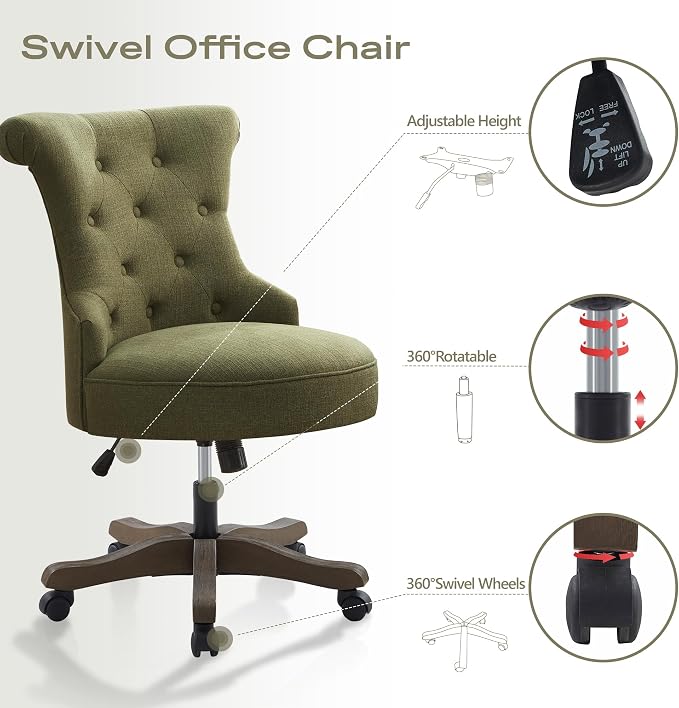 HUIMO Home Office Chair Upholstered Armless Desk Chair with Wheels Adjustable Height Computer Desk Chair with Wooden Legs Comfortable Swivel Chair for Home Office Study Studio (Green)