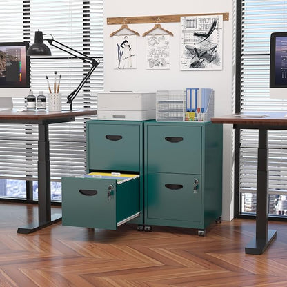 2 Drawer Mobile File Cabinet with Lock, Green Metal Filing Cabinets with Wheels, Vertical Rolling File Cabinet Fit Hanging Files, Letter and A4 Documents