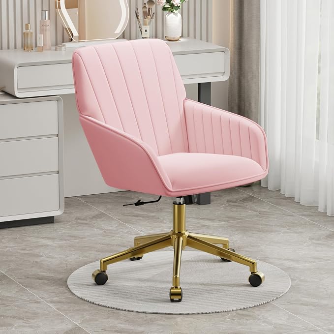 YITAI Velvet Office Desk Armchairs with Gold Base and Wheels,Modern Height Adjustable 360 Degree Swivel Upholstered Vanity Chairs for Living/Room Bedroom/Study,Pink