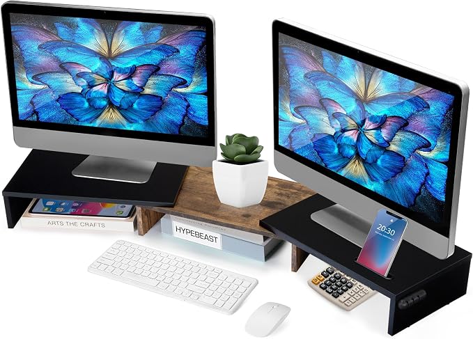 La Jaco Dual Monitor Stand Riser for 2 Monitors, Monitor Stand for Desk, Adjustable Length Swivel Angle Wooden Desktop Organizer Stand Riser with Smartphone Holder for PC Monitor, Rustic Brown