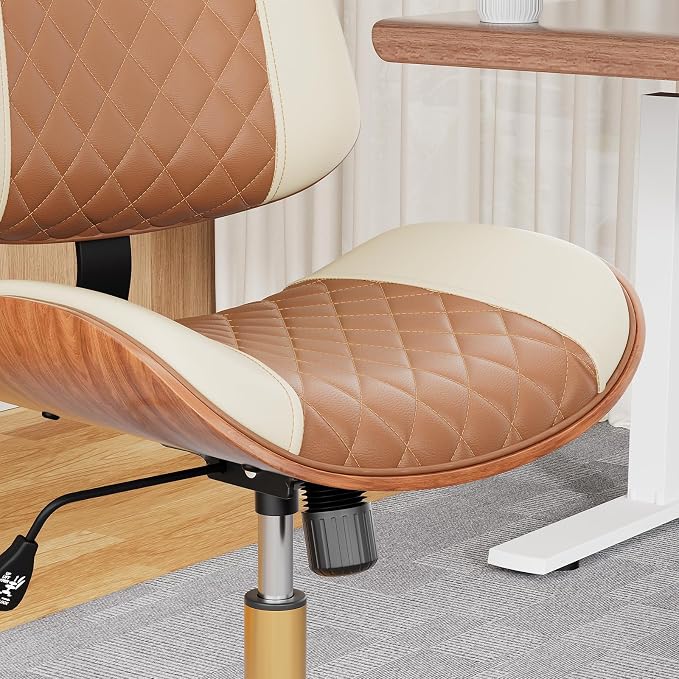 Home Office Desk Chair with Swivel Wheels, Modern PU Leather Armless Office Chair, Small Mid Back Computer Chair for Home Office, Reading Meeting Room (Brown and Beige, Gold Wheels)
