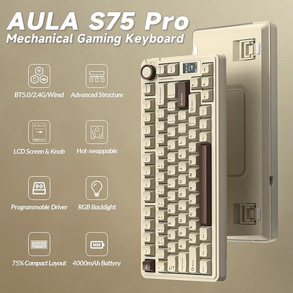 AULA S75 PRO Wireless Mechanical Keyboard with Screen&Knob, 75% Hot Swappable Gaming Keyboard with Pre-lubed Switches, RGB Backlit, PBT Keycaps, Creamy Sounding Computer Keyboards