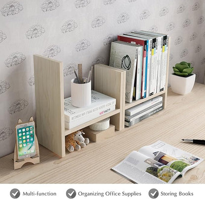 Jerry & Maggie Desktop Organizer Office Storage Rack Adjustable Wood Display Shelf Free Style Double H, Multi-Functional Mini Bookshelf for Desk Natural Stand (White Wood Tone)