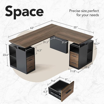 HUANUO 63 Inch L Shaped Standing Desk, Electric Executive Height Adjustable Desk with Storage Drawers, Reversible Design Computer Workstation for Home Office, Black Walnut