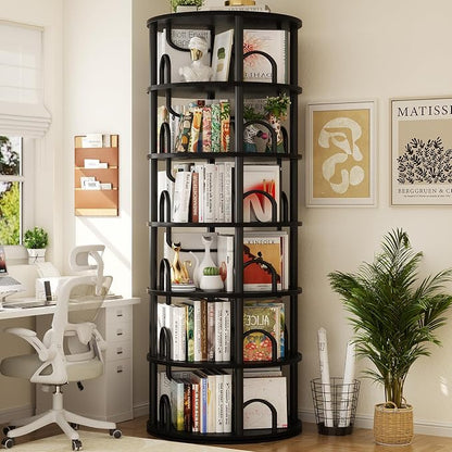 Aheaplus 6 Tier Rotating Bookshelf Tower, Revolving Bookcase, 360° Round Spinning Book Shelf, Narrow Swivel Bookshelves Vertical Rolling Turning Corner Bookshelf Organizer for Small Space, Black