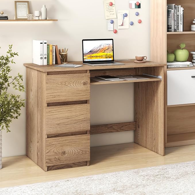 Giantex Computer Desk with Drawers, Modern Home Office Desk with Charging Station & Keyboard Tray, Laptop PC Computer Workstation, Study Writing Desk for Bedroom (Natural)