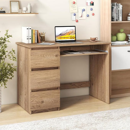 Giantex Computer Desk with Drawers, Modern Home Office Desk with Charging Station & Keyboard Tray, Laptop PC Computer Workstation, Study Writing Desk for Bedroom (Natural)