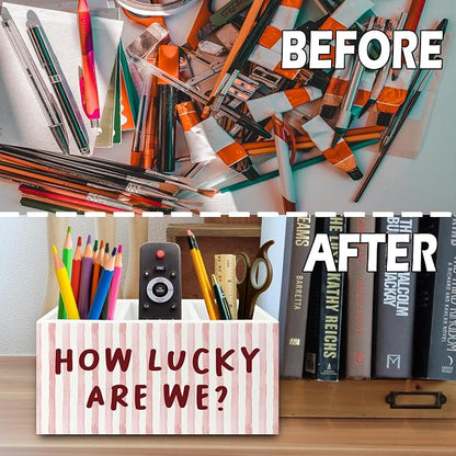 Pink Inspirational Pen Pencil Holder Organizer for Desk, Thank You Gifts for Women, Pink Striped How Lucky Are We Motivational Wooden Box Sign for Home Office Desk Tabletop Decorations